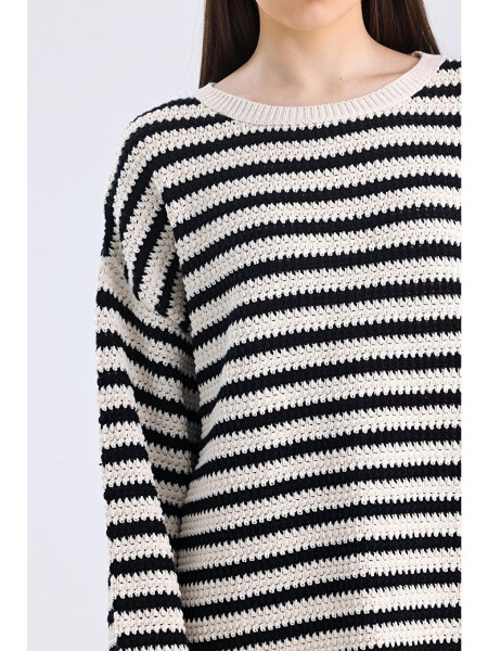 Genova - Boat Neck Relaxed Fit Striped Knit Sweater - Black Stripe Color - 9