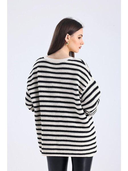 Genova - Boat Neck Relaxed Fit Striped Knit Sweater - Black Stripe Color - 10