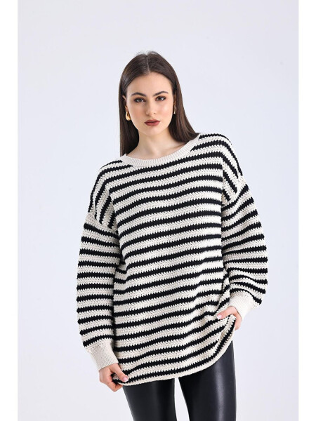 Genova - Boat Neck Relaxed Fit Striped Knit Sweater - Black Stripe Color - 3