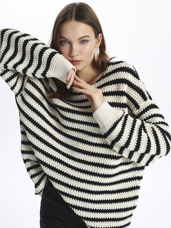 Genova - Boat Neck Relaxed Fit Striped Knit Sweater - Black Stripe Color - 11