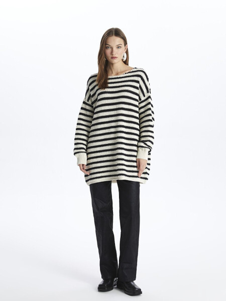 Genova - Boat Neck Relaxed Fit Striped Knit Sweater - Black Stripe Color - 16