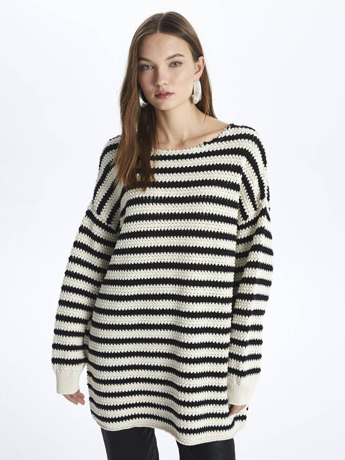 Genova - Boat Neck Relaxed Fit Striped Knit Sweater - Black Stripe Color - 17