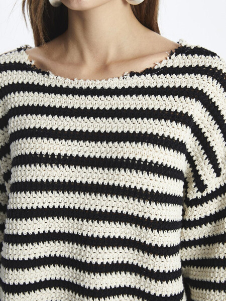 Genova - Boat Neck Relaxed Fit Striped Knit Sweater - Black Stripe Color - 18