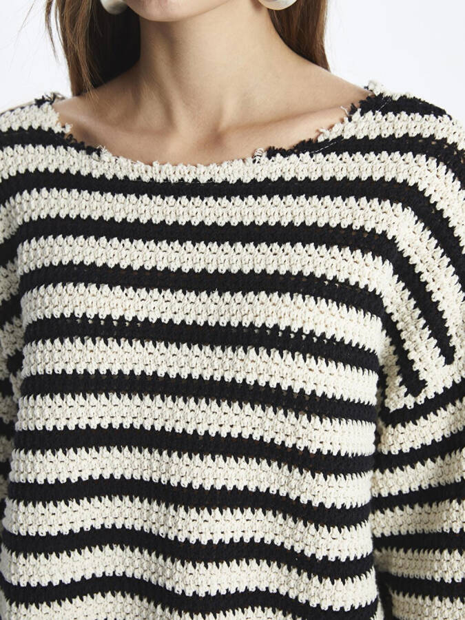 Genova - Boat Neck Relaxed Fit Striped Knit Sweater - Black Stripe Color - 18