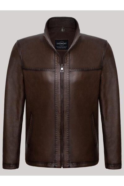 Genuine Lambskin Brown Men's Leather Jacket Plain Stand Collar Leather Jacket - 1