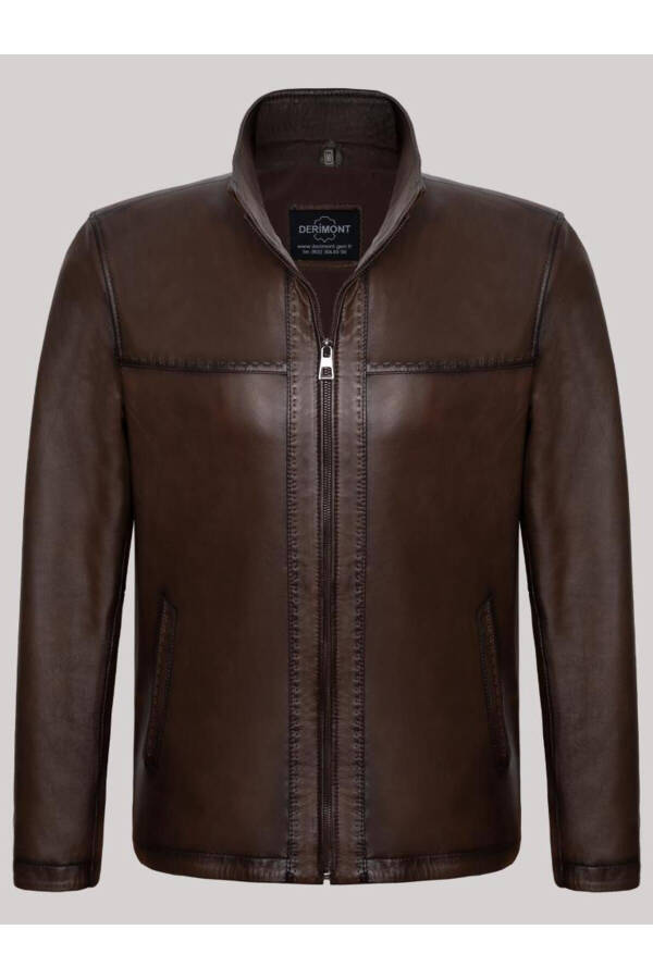 Genuine Lambskin Brown Men's Leather Jacket Plain Stand Collar Leather Jacket - 1