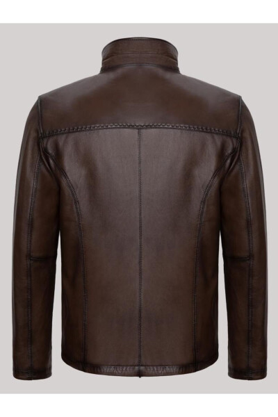 Genuine Lambskin Brown Men's Leather Jacket Plain Stand Collar Leather Jacket - 2