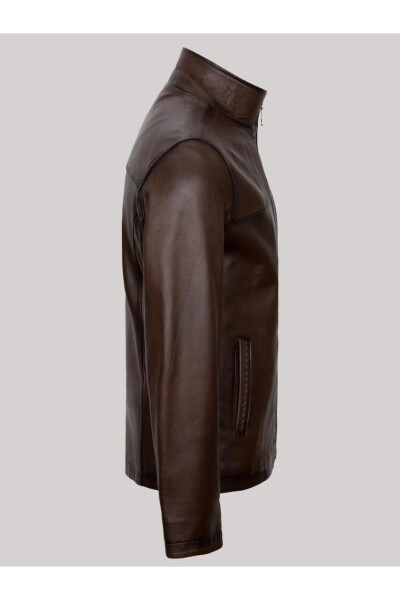 Genuine Lambskin Brown Men's Leather Jacket Plain Stand Collar Leather Jacket - 3