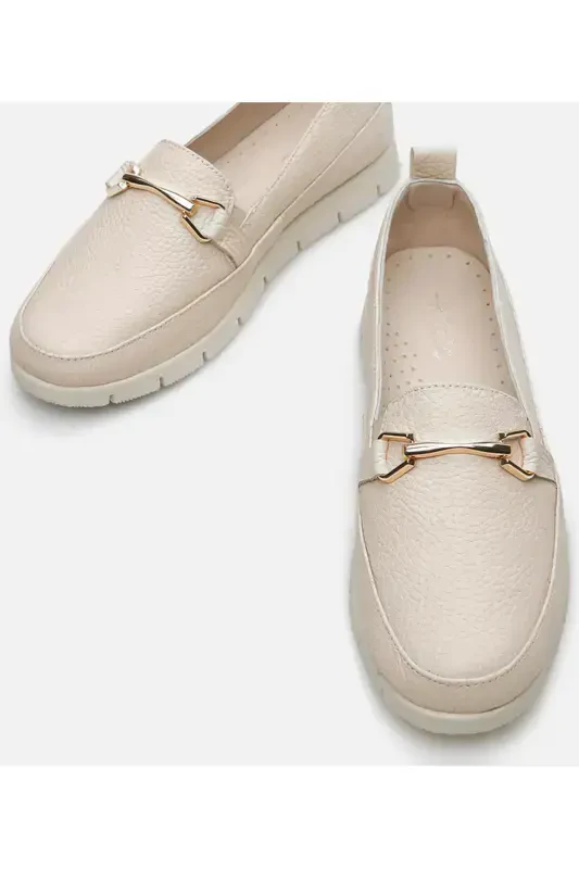 Genuine Leather Beige Women's Loafer - 4