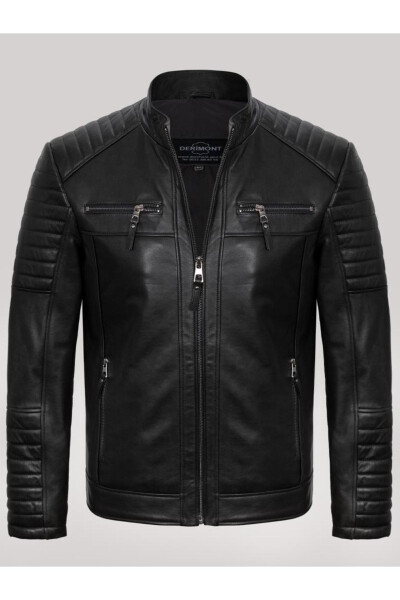 Genuine Leather Black Four Pocket Embroidered Men's Leather Jacket - 1