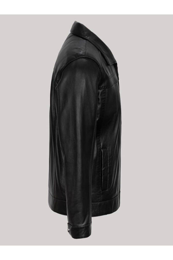 Genuine Leather Black Plain Pocket Men's Leather Jacket - 3