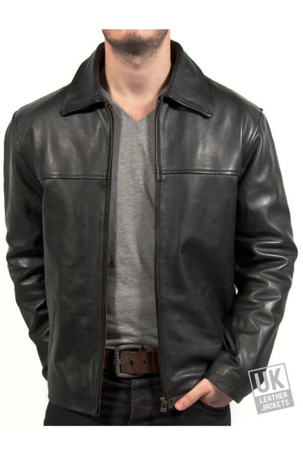 Genuine Leather Black Superior Zippered Men's Leather Jacket - 1