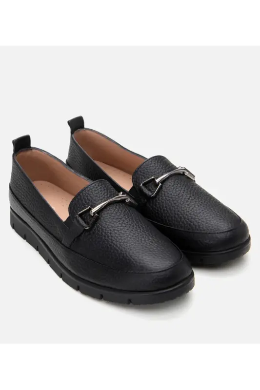 Genuine Leather Black Women's Buckle Loafer - 2