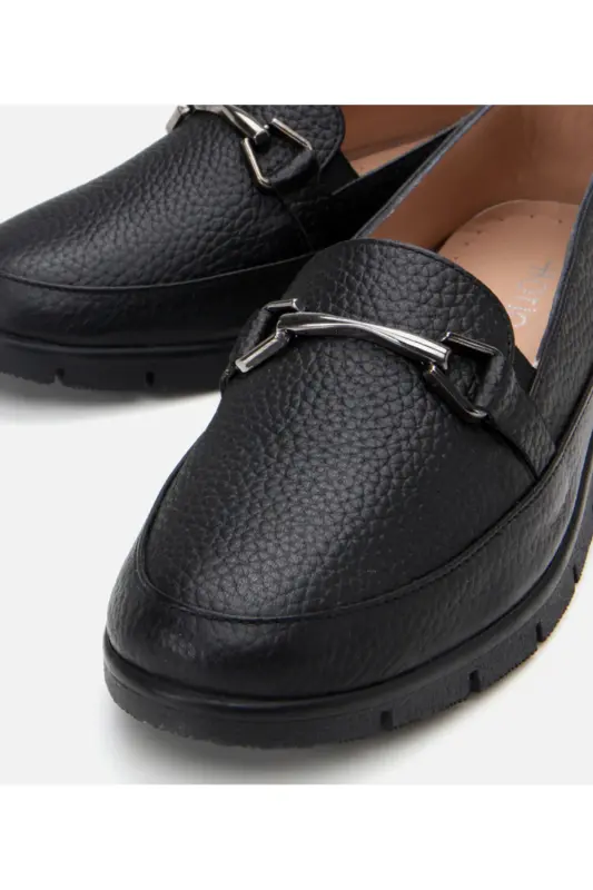 Genuine Leather Black Women's Buckle Loafer - 3