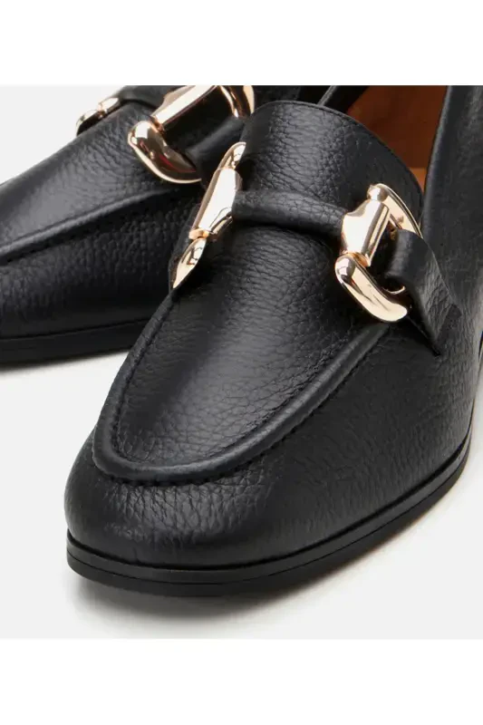 Genuine Leather Black Women's Buckle Loafer - 3