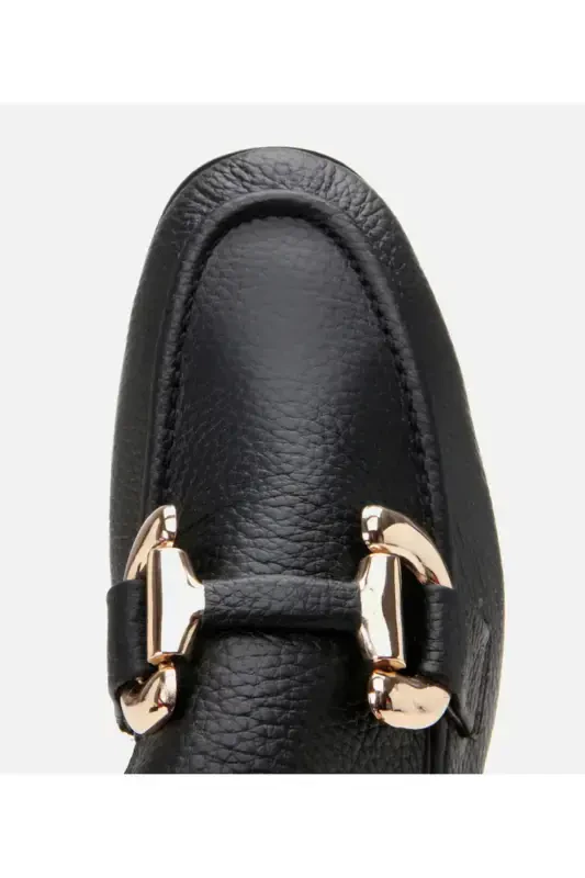 Genuine Leather Black Women's Buckle Loafer - 4