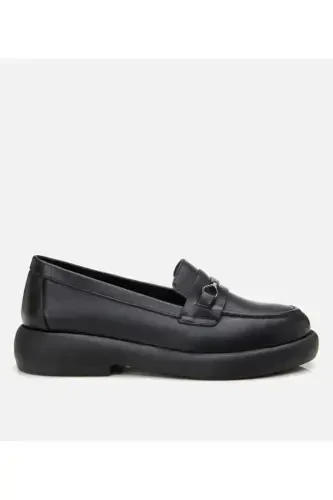 Genuine Leather Black Women's Buckle Loafer - 1