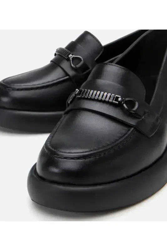 Genuine Leather Black Women's Buckle Loafer - 4