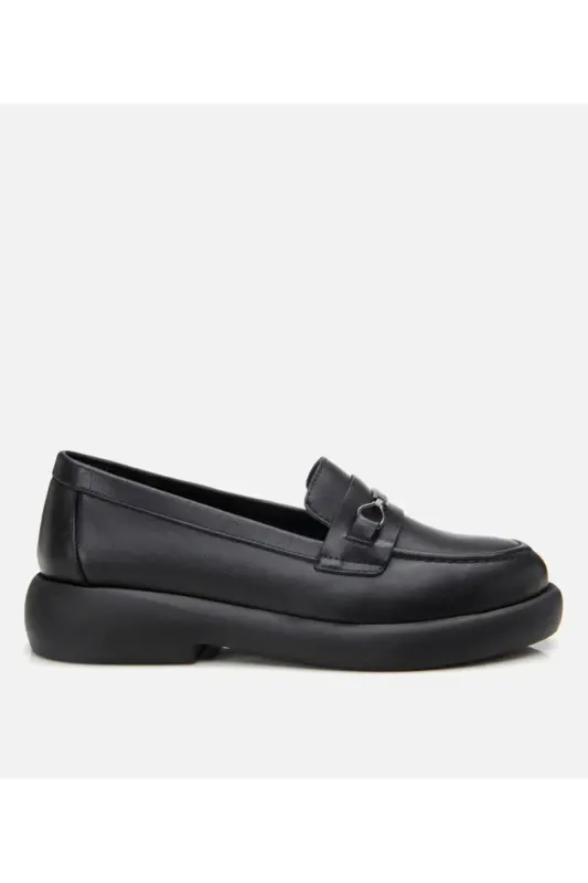 Genuine Leather Black Women's Buckle Loafer - HOTIÇ