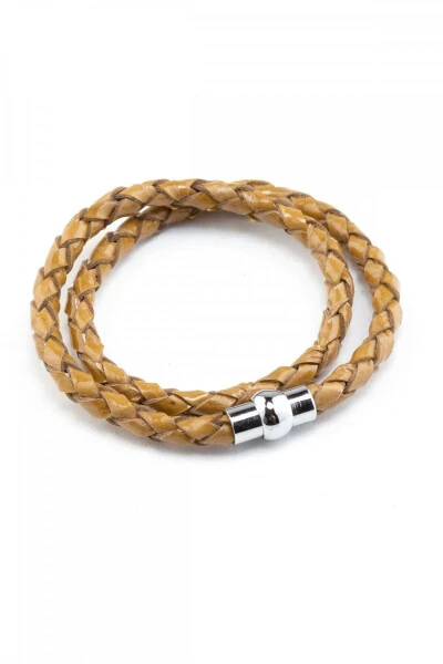 Genuine leather braided bracelet, caramel color, magnetic closure. - DERIDERIM