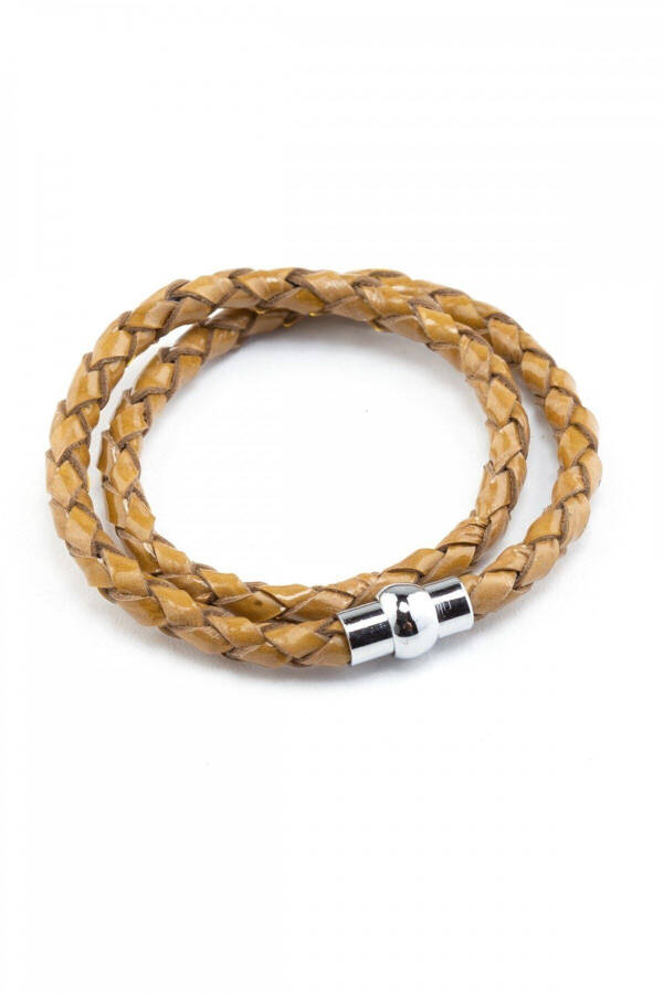 Genuine leather braided bracelet, caramel color, magnetic closure. - 1