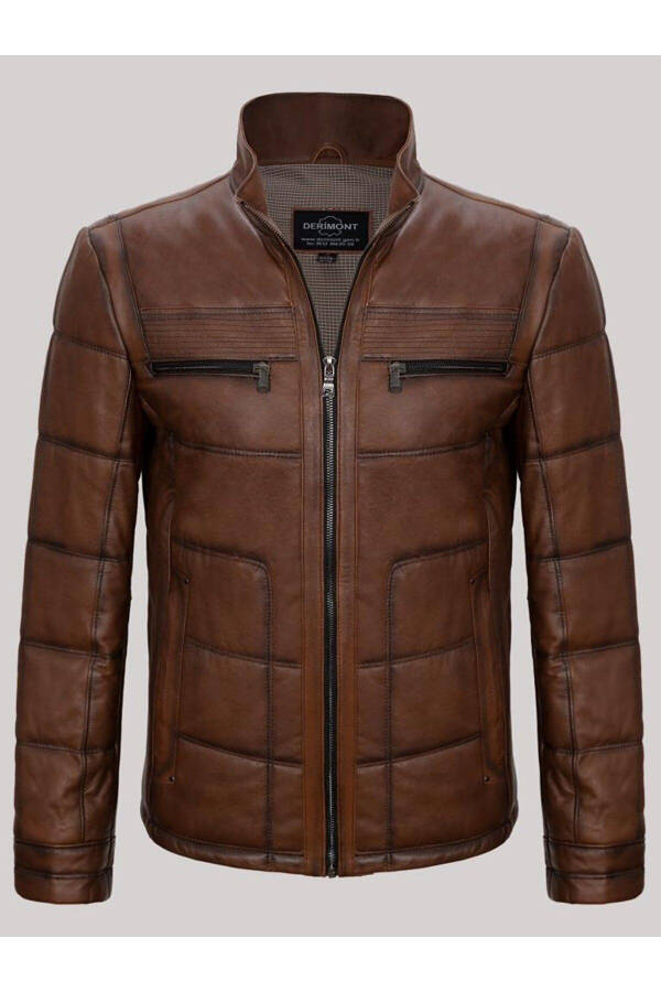 Genuine Leather Brown Embroidered Men's Leather Jacket - 1