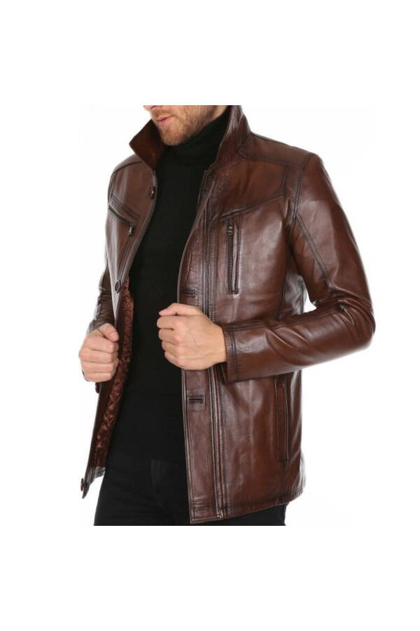 Genuine Leather Coffee Western Style Leather Jacket - 1