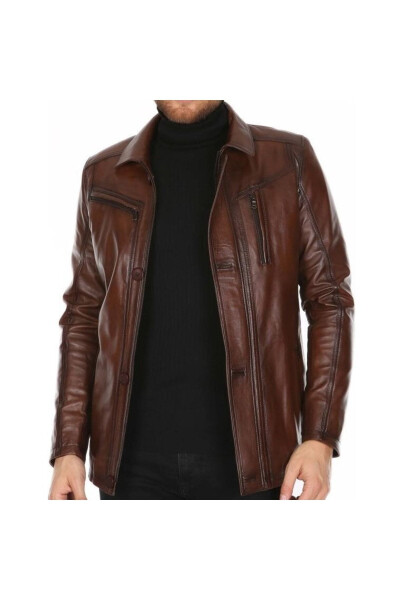 Genuine Leather Coffee Western Style Leather Jacket - 2