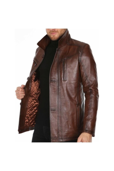 Genuine Leather Coffee Western Style Leather Jacket - 3