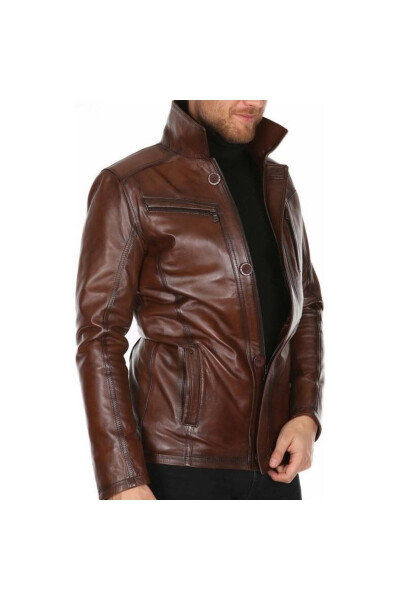 Genuine Leather Coffee Western Style Leather Jacket - 4