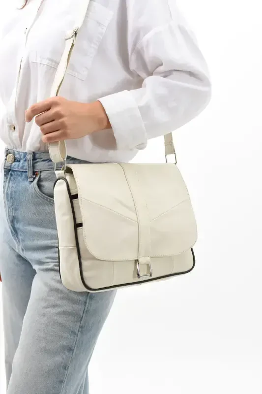 Genuine Leather Cover Women's Shoulder Bag-Cream - 1