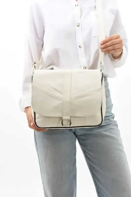 Genuine Leather Cover Women's Shoulder Bag-Cream - 5