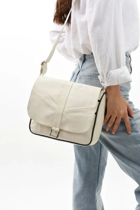 Genuine Leather Cover Women's Shoulder Bag-Cream - 2
