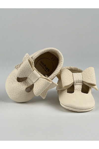 Genuine Leather Cream Butterfly Bow Girl Baby Moccasin Slippers - 3