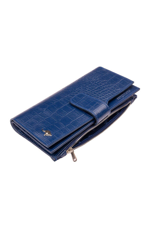 Genuine leather, crocodile print, snap closure, card slots and zippered compartments women's wallet. - 3