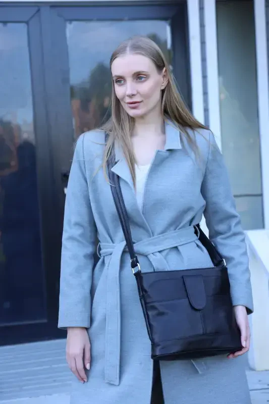 Genuine Leather Crossbody Messenger Bag-BLACK - 3