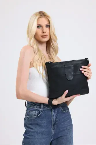 Genuine Leather Crossbody Messenger Bag-BLACK - 4