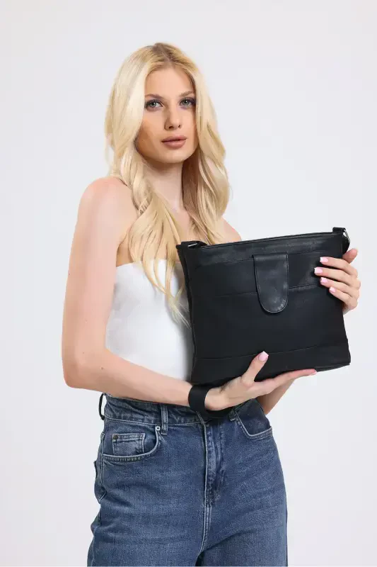 Genuine Leather Crossbody Messenger Bag-BLACK - 4