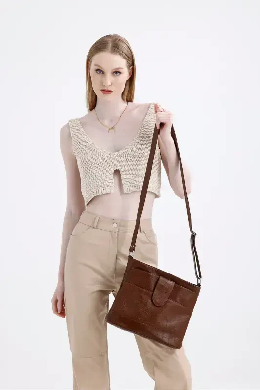 Genuine Leather Crossbody Messenger Bag-Croco Coffee - FUBILEATHER