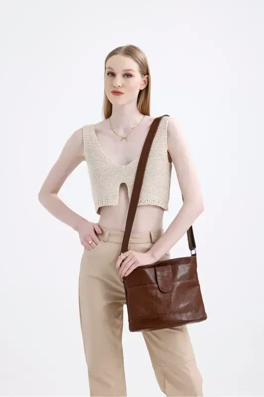 Genuine Leather Crossbody Messenger Bag-Croco Coffee - 3