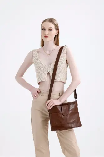 Genuine Leather Crossbody Messenger Bag-Croco Coffee - 3