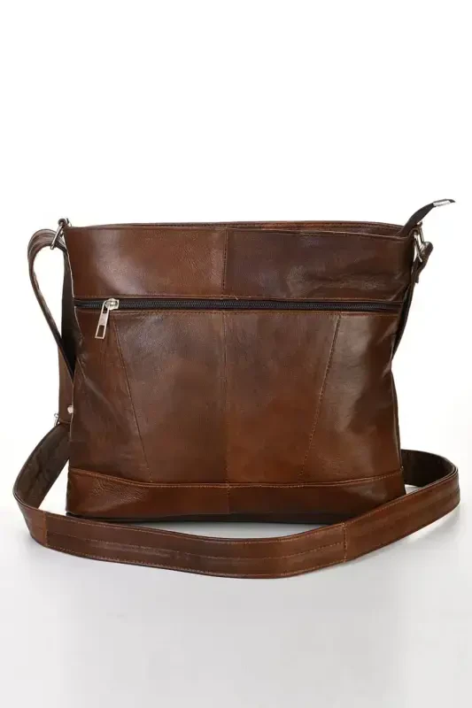 Genuine Leather Crossbody Messenger Bag- Hazelnut - 2