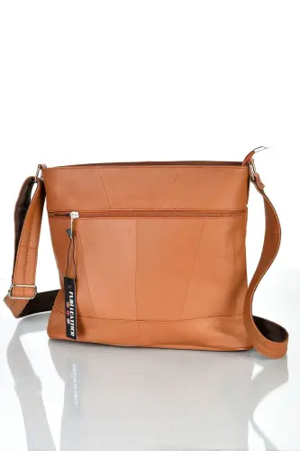 Genuine Leather Crossbody Messenger Bag - TAN COLOR - 3