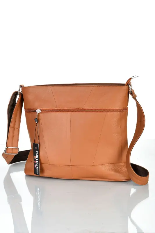 Genuine Leather Crossbody Messenger Bag - TAN COLOR - 3