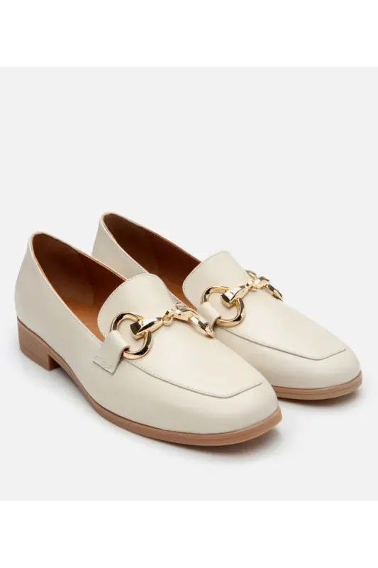 Genuine Leather Ecru Women's Buckled Loafer - 2