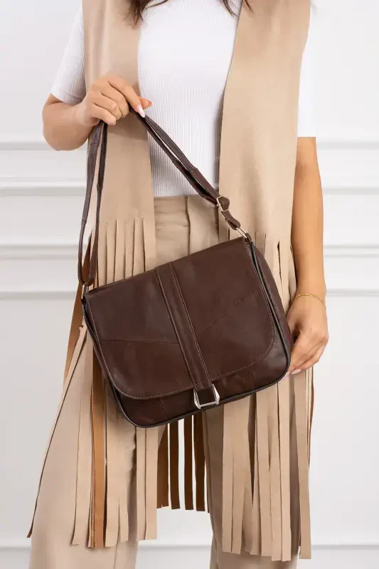 Genuine Leather Flap Closure and Zippered Brown Women's Shoulder Bag and Messenger Bag-Brown - ERZENO