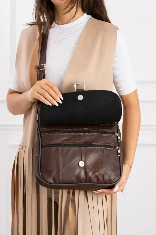 Genuine Leather Flap Closure and Zippered Brown Women's Shoulder Bag and Messenger Bag-Brown - 4