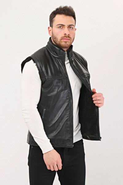 Genuine leather, fur detailed, mandarin collar, fur lined vest. - 1