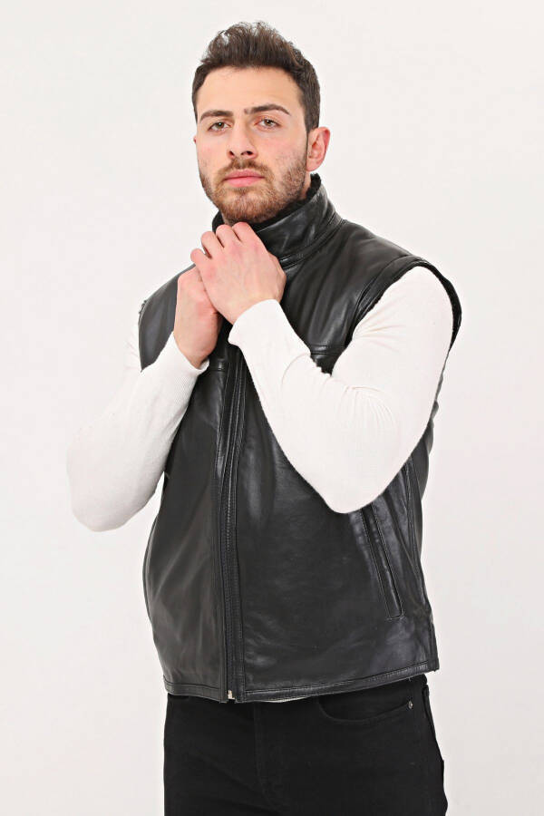 Genuine leather, fur detailed, mandarin collar, fur lined vest. - 2