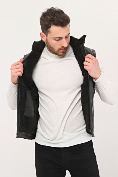 Genuine leather, fur detailed, mandarin collar, fur lined vest. - 4